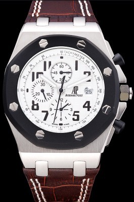 Audemars Top Replica 7682 Brown Leather Strap Ion Plated Steel White Dial Luxury Watch