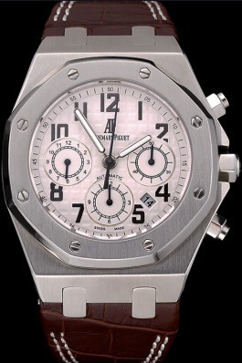 Swiss Audemars Piguet Royal Oak Chronograph White Dial Stainless Steel Case Brown Leather Strap 622864