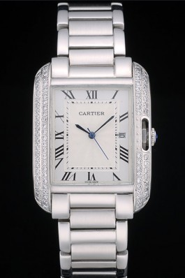 Cartier Tank Anglaise 30mm White Dial Diamonds Steel Case Stainless Steel Bracelet