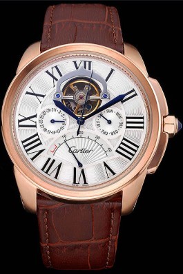 Cartier Calibre Tourbillon White Dial Gold Case Brown Leather Strap 622753