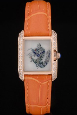 Cartier Tank Anglaise White Dragon Dial Diamonds Gold Case Orange Leather Bracelet