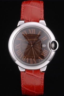 Cartier Ballon Bleu 38mm Brown Dial Stainless Steel Case Red Leather Bracelet