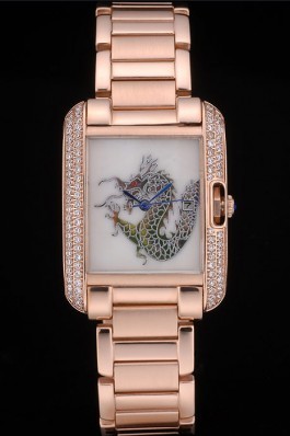 Cartier Tank Anglaise White Dragon Dial Diamonds Rose Gold Case Rose Gold Bracelet