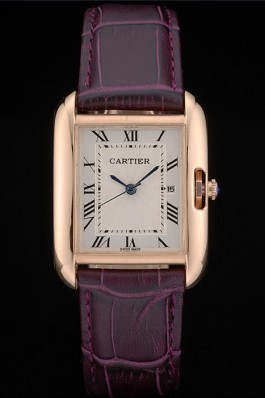 Cartier Tank Anglaise 30mm White Dial Gold Case Purple Leather Bracelet