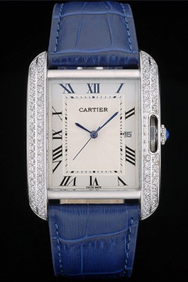 Cartier Tank Anglaise 36mm White Dial Diamonds Steel Case Blue Leather Bracelet