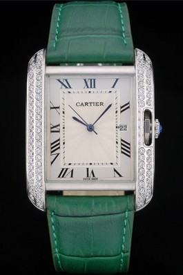 Cartier Tank Anglaise 36mm White Dial Diamonds Steel Case Green Leather Bracelet