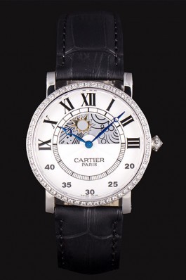 Cartier Moonphase Silver Watch with Black Leather Band ct255 621374