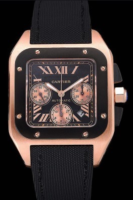 Swiss Cartier Santos Rose Gold Bezel with Black Dial and Black Fabric Strap sct39 621523