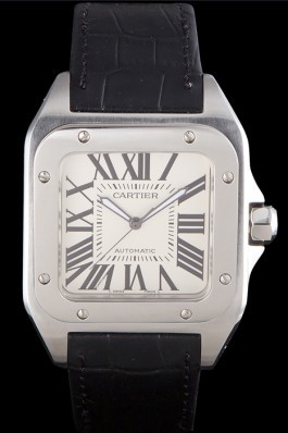 Swiss Cartier Santos Stainless Steel Bezel with Black Leather Strap 621524