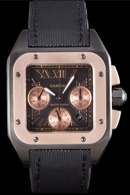 Swiss Cartier Santos Rose Gold Bezel with Black Dial and Black Fabric Strap 621526