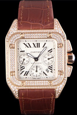 Swiss Cartier Santos Rose Gold Bezel with Diamonds and Brown Leather Strap sct43 621527