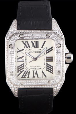 Swiss Cartier Santos Silver Bezel with Diamonds and Black Leather Strap sct47 621531