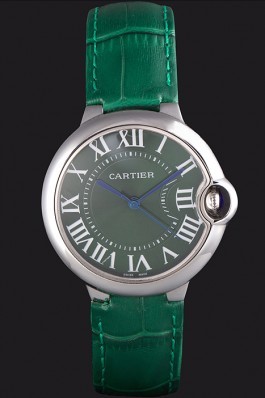 Cartier Ballon Bleu Silver Bezel with Green Dial and Green Leather Band 621553