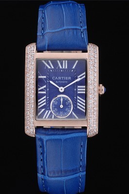 Cartier Tank MC Gold Diamond Case Blue Dial Blue Leather Stap 622171