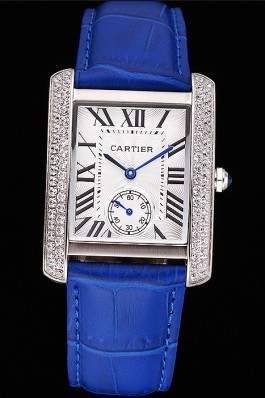 Cartier Tank MC Stainless Steel Diamond Case White Dial Blue Leather Strap 622172