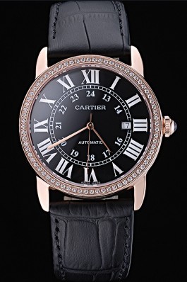 Swiss Cartier Ronde Solo Gold Diamond Case Black Dial Roman Numerals 622207
