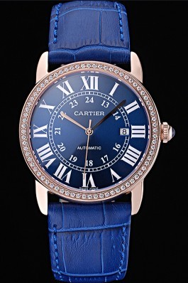 Swiss Cartier Ronde Solo Gold Diamond Case Blue Dial Roman Numerals 622208