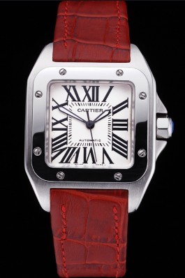 Swiss Cartier Santos White Dial Stainless Steel Case Red Leather Bracelet 622551