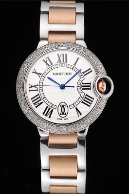Swiss Ballon Blue De Cartier Diamond Steel Case White Dial Roman Numerals Two Tone Bracelet 622647