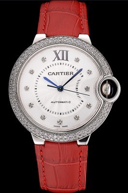 Swiss Ballon Blue de Cartier Diamond Steel Case Diamond Dial Red Leather Bracelet 622650