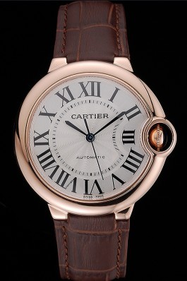 Swiss Ballon Blue De Cartier Gold Case White Dial Roman Numerals Brown Leather Bracelet 622651