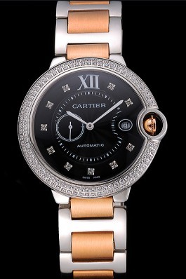 Swiss Cartier Ballon Bleu Diamond Case Black Dial Two Tone Bracelet 622676