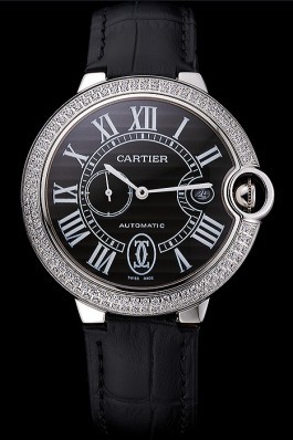 Swiss Cartier Ballon Bleu Diamond Case Black Dial Black Leather Bracelet 622677