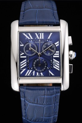 Cartier Tank MC Blue Dial Stainless Steel Case Blue Leather Bracelet 622691