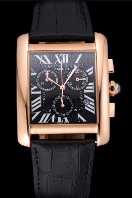 Cartier Tank MC Black Dial Gold Case Black Leather Bracelet 622694