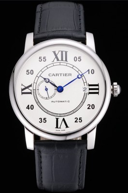 Swiss Cartier Rotonde Solo White Dial Silver Case Black Leather Strap