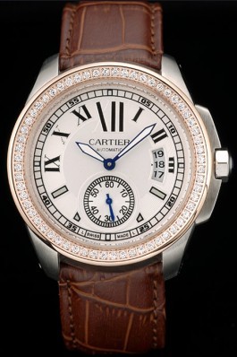 Cartier Calibre White Dial Diamonds Two Tone Case Brown Leather Bracelet