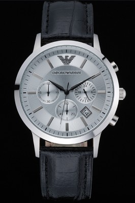 Emporio Armani Classic Chronograph Silver Dial Black Leather Bracelet 622339