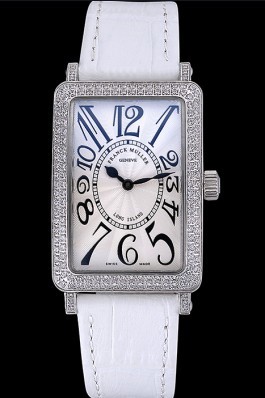 Franck Muller Long Island Classic White Dial Diamonds Case White Leather Band 622368