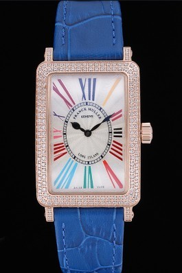 Franck Muller Long Island Classic White Dial Diamonds Case Blue Leather Band 622376