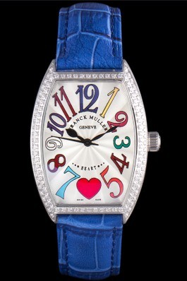 Franck Muller Heart Diamond Silver Bezel Blue Leather Band 621588