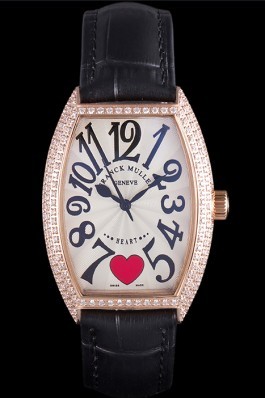 Franck Muller Heart Diamond Gold Bezel Black Leather Band 621590