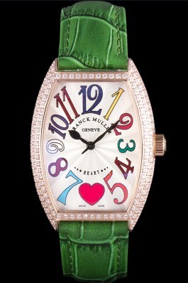 Franck Muller Heart Diamond Gold Bezel Green Leather Band 621593