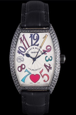 Franck Muller Heart Diamond Silver Bezel Black Leather Band 621595