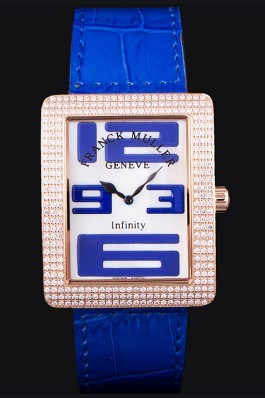 Franck Muller Infinity Diamond Encrusted Rose Gold Bezel Blue Croco Bracelet 80277