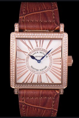 Franck Muller Master Square Diamond Encrusted Rose Gold Bezel Brown Croco Bracelet 80283