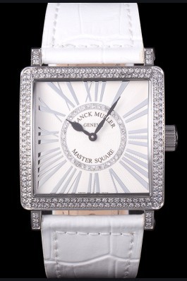 Franck Muller Master Square Diamond Encrusted Stainless Steel Bezel White Croco Bracelet 80284