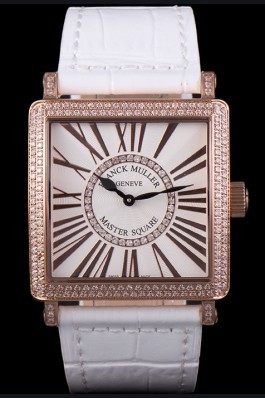 Franck Muller Master Square Diamond Encrusted Rose Gold Bezel White Croco Bracelet 80285