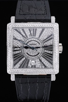 Franck Muller Master Square Diamonds Dial Diamonds Case Black Leather Band 622358