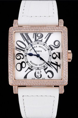 Franck Muller Master Square White Dial Diamonds Case White Leather Band 622361
