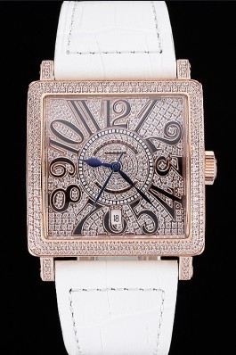 Franck Muller Master Square Diamonds Dial Diamonds Case White Leather Band 622362