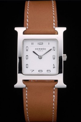 Hermes Heure H Stainless Steel Polished Bezel Tan Leather Strap White Dial 80230