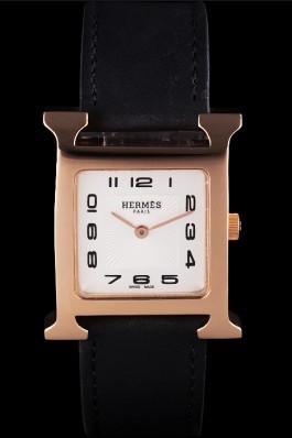 Hermes Heure H Rose Gold Bezel Black Leather Strap White Dial 80235