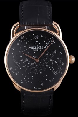 Hermes Classic Croco Leather Strap Black Dial 801405