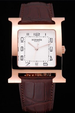 Hermes Heure H White Dial Gold Case Brown Leather Strap