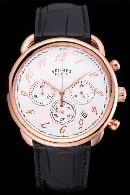 Hermes Arceau White Dial Gold Case Black Leather Strap